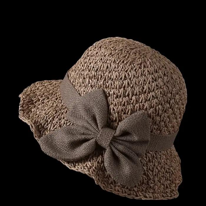 Chapeau de paille vintage à large bord avec nœud, respirant, protection solaire, chapeau bob tressé