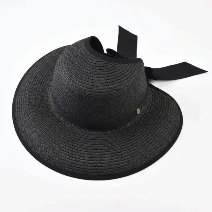 Chapeau de soleil élégant rond en paille pour l'été, à large bord, avec nœud, dessus ouvert, protect