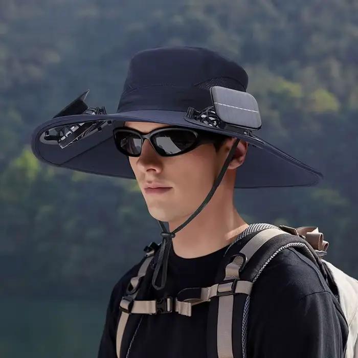 Chapeau de pêche décontracté anti-UV avec ventilateur solaire, visière large à chargement solaire et