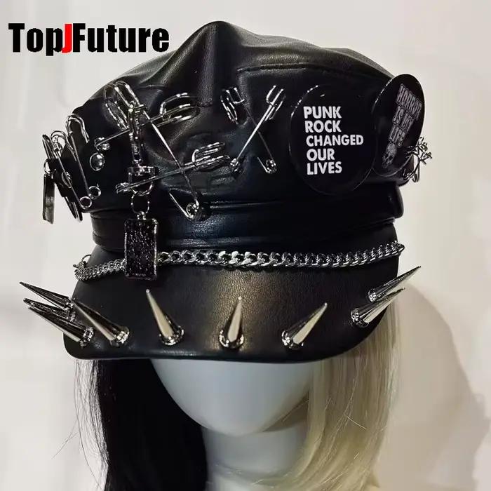 Béret gothique Harajuku en cuir pu pour femmes, chapeau Steampunk à rivets en métal lourd Y2k pour f
