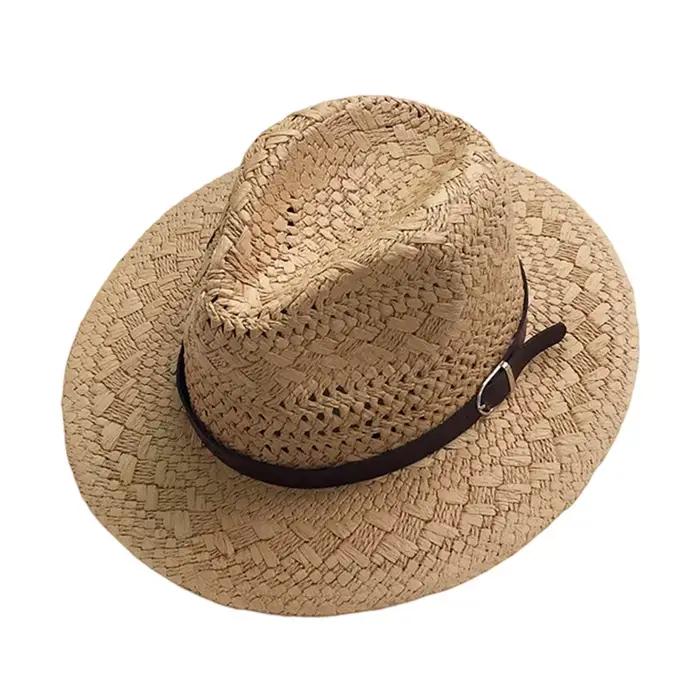 Chapeau de paille rétro ajouré à large bord avec boucle en cuir, style cowboy western, visière de pr