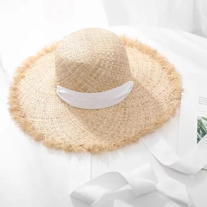 Chapeaux de soleil français vintage en raphia pour femmes, chapeau de paille à ruban pour filles, ca