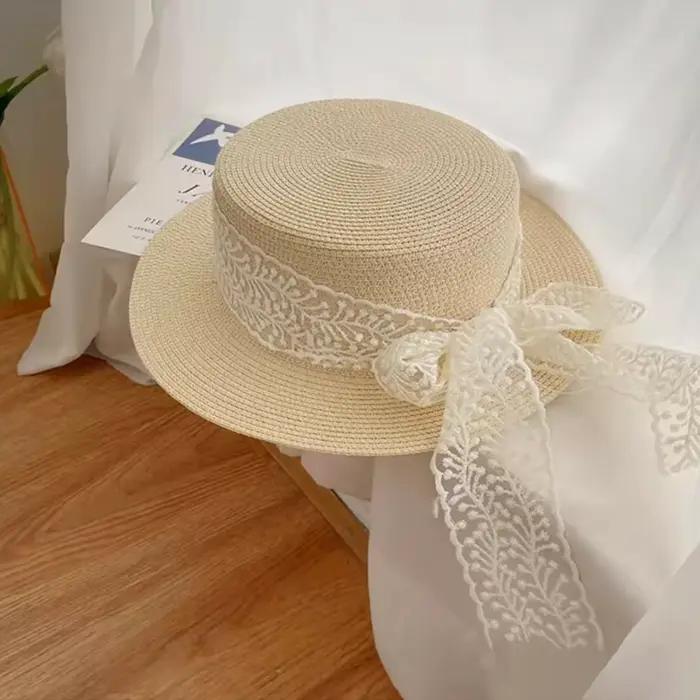 Chapeau de paille de plage d'été pour femmes, chapeau de Protection solaire à large bord avec nœud e