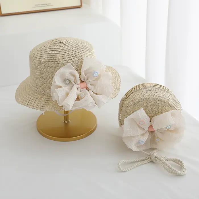 Chapeau de paille pour enfants filles avec sac, ensemble d'été mignon avec nœud papillon, Protection