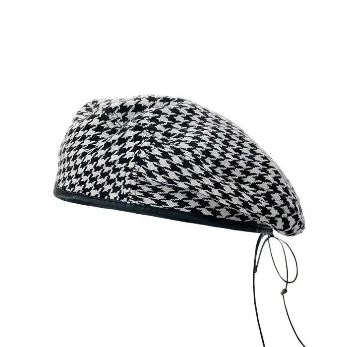 Béret à carreaux noir et blanc pour femmes, bérets français, casquettes à la mode, pied-de-poule, bo