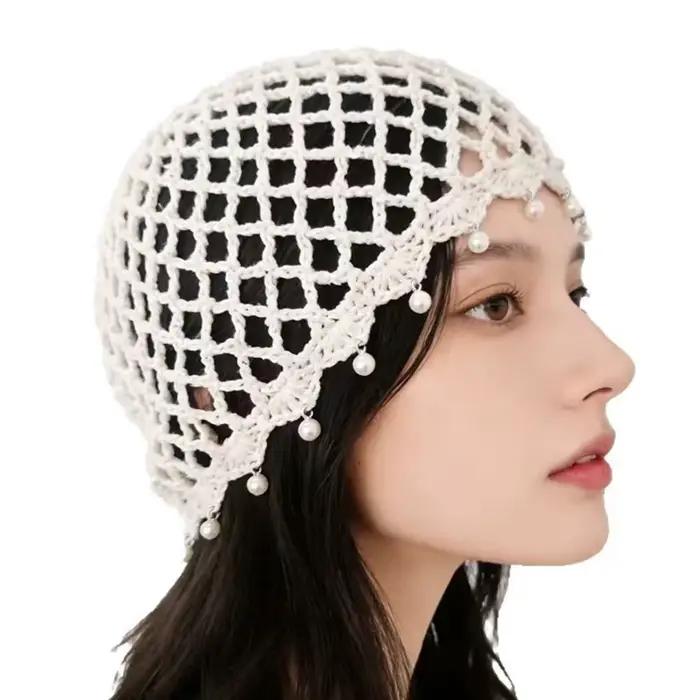 Chapeau en coton respirant pour femmes, couleur unie, ajouré, tissé à la main, chapeau en crochet à