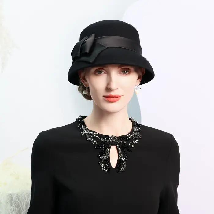 Fedoras en laine avec nœud papillon pour femme, chapeaux haut de forme britannique, casquette élégan