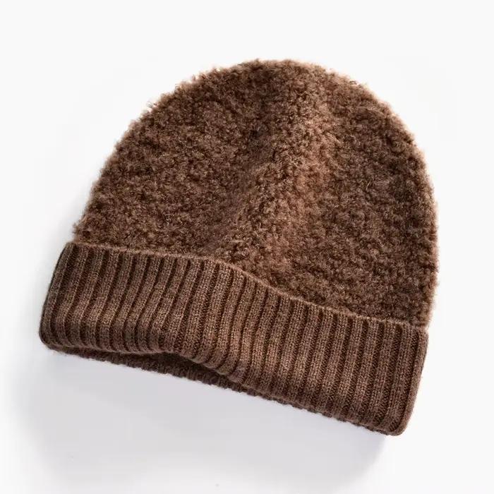 Chapeau marron bouclé 100% laine Pure pour femme, bonnet chaud tricoté de couleur unie, cadeau pour