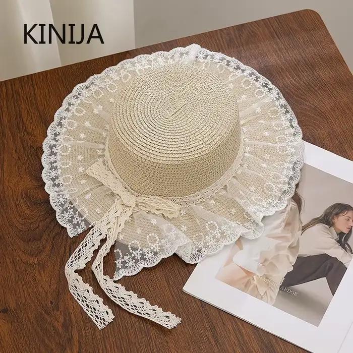 Chapeau de paille tressé à la main avec nœud coréen pour femme