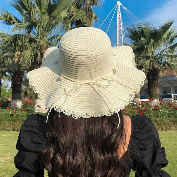 Chapeau de paille pliable style français avec perles et large bord