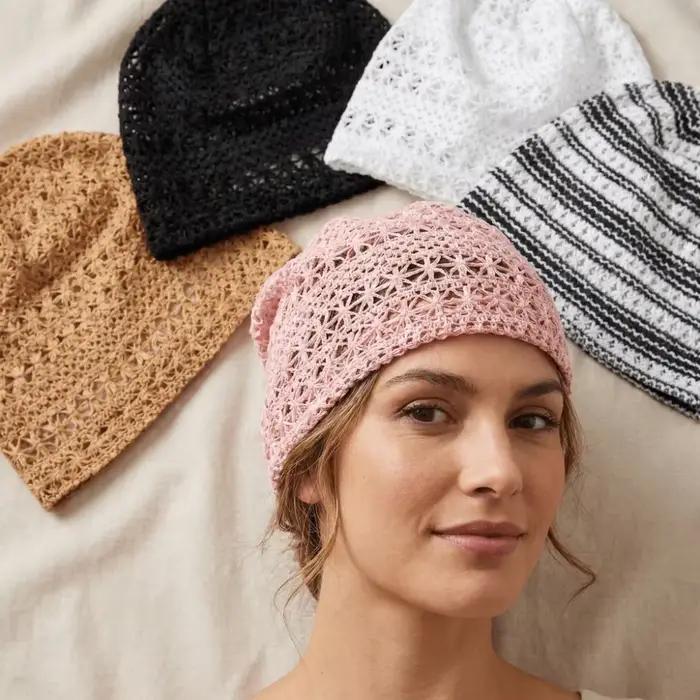 Chapeau en dentelle respirant à rayures douces en polyester pour femmes, style décontracté et tendance, multifonction, ajustement élastique, quatre saisons