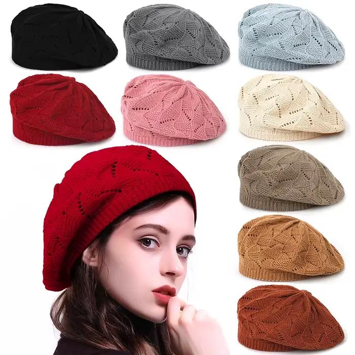 Geebro femmes couleur unie tricot béret chapeau dames artiste français