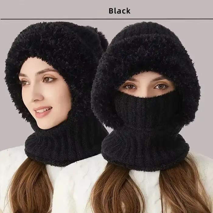 Chapeau d'hiver tricoté doublé polaire avec protection des oreilles capuche coupe-vent guêtre de cou intégrée pour cyclisme en plein air femme style novelty polyester matériaux