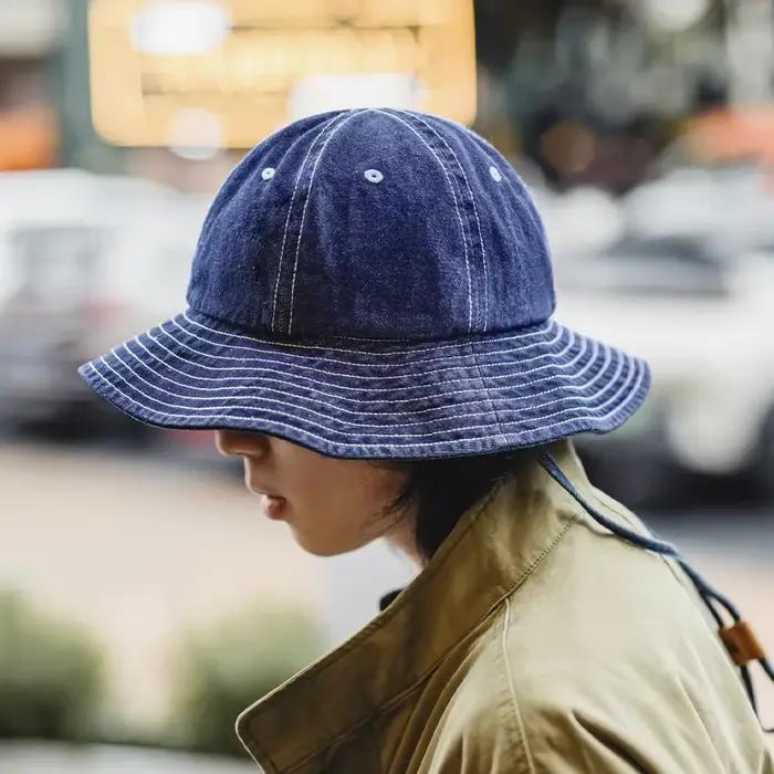 Maden Vintage Denim bleu seau chapeau large bord rond haut