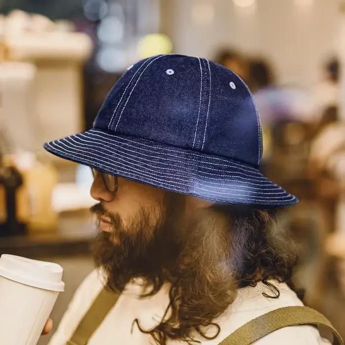 Maden Vintage Denim bleu seau chapeau large bord rond haut