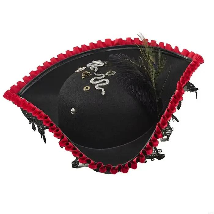 Chapeau pirate élégant avec bordure en dentelle délicate plume en peluche pour événement à thème Y08E