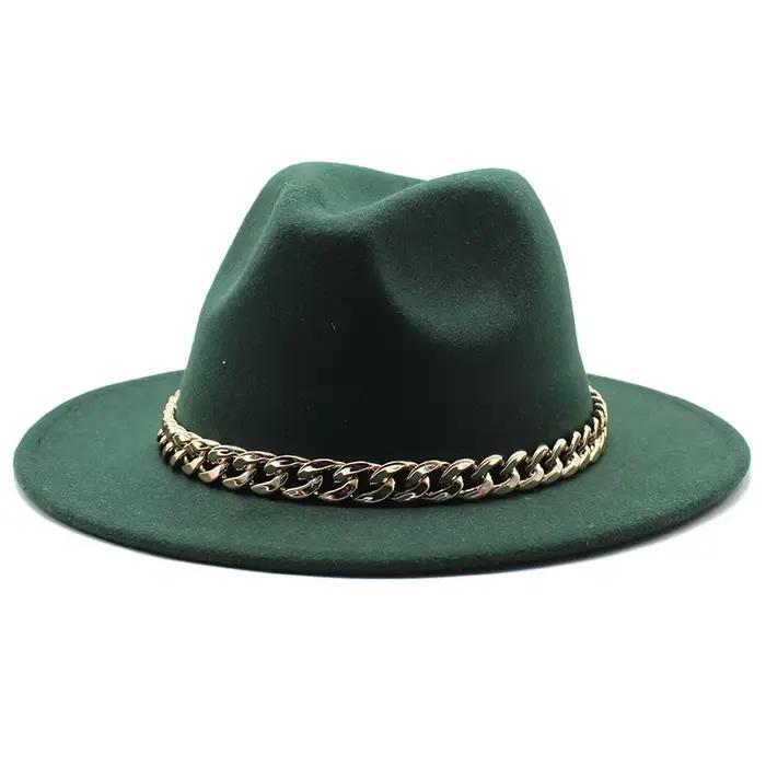 Fedora chapeaux pour femmes hommes à large bord épais chaîne en or bande feutré Chapeau Jazz casquette hiver automne