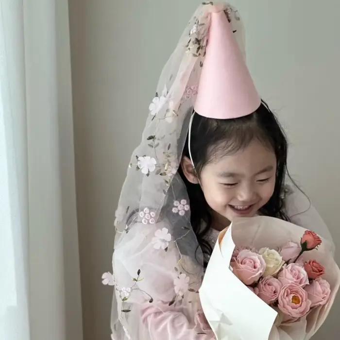 Mode gaze joyeux anniversaire chapeau maille fleur bandeau de cheveux feutre princesse