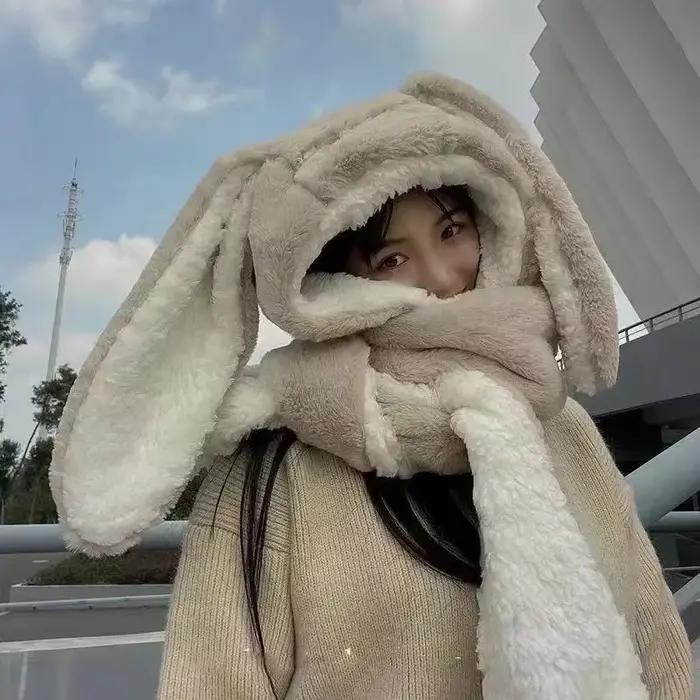 Nouvelle mode écharpe chapeau gant femmes mignon grande oreille lapin bonnet hiver chaud doux épaississement poche