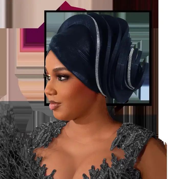 Turban africain préformé en tissu diamanté pour femme