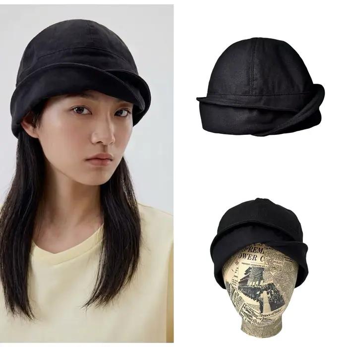 Chapeau Bob Designer à Bord Relevé Bleu Marine pour Femme, Casquette de Marin Minimaliste Noire Style Urbain, Chapeau d'Été Polyvalent Vintage