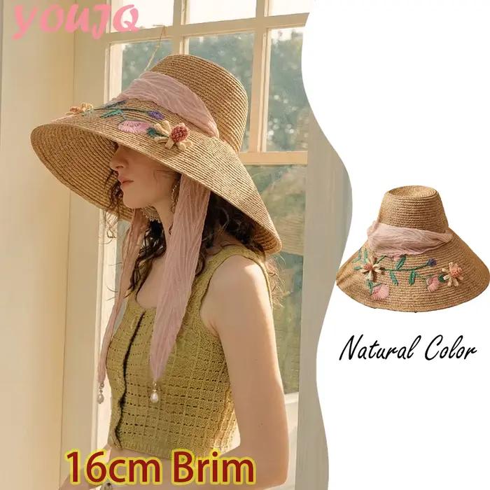 Chapeau de paille en raphia à large bord de 16 cm pour femme