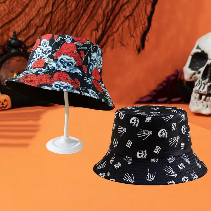 Chapeau de pêcheur réversible à motif rose et crâne imprimé