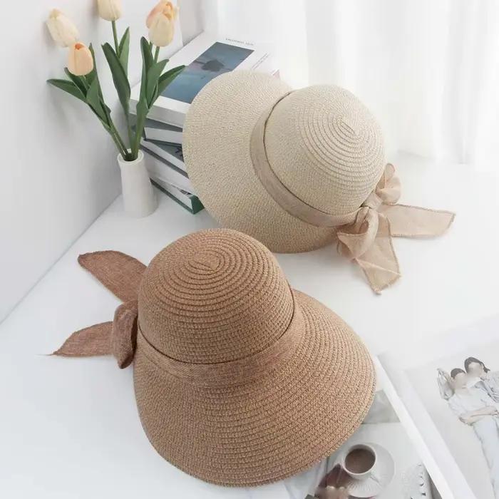 Chapeau de plage portable en paille tressée ajourée en polyester à large bord