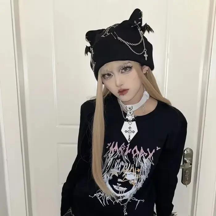 Gothique Grunge chat oreille chauve-souris aile noir bonnet chapeau Harajuku Punk croix chaîne tricoté