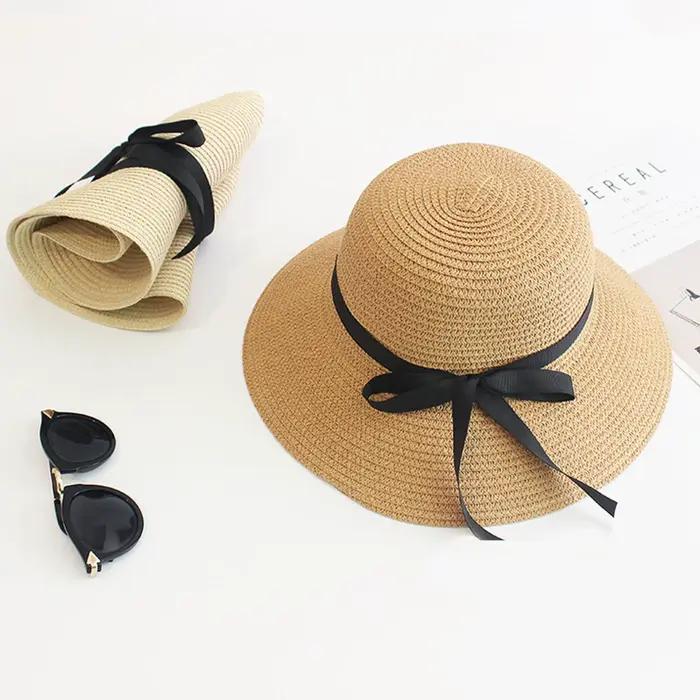 Chapeau de soleil pliable en paille pour femme protection solaire occassions extérieures été plage voyage randonnée pêche chasse camping style élégant