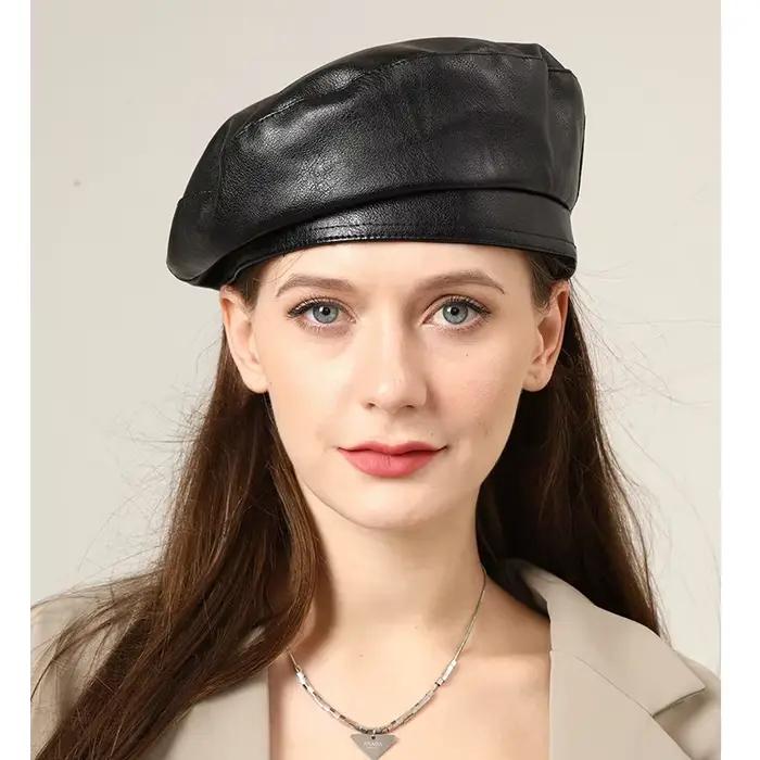 Mode fille en cuir béret bonnet chapeau casquette femmes plaine
