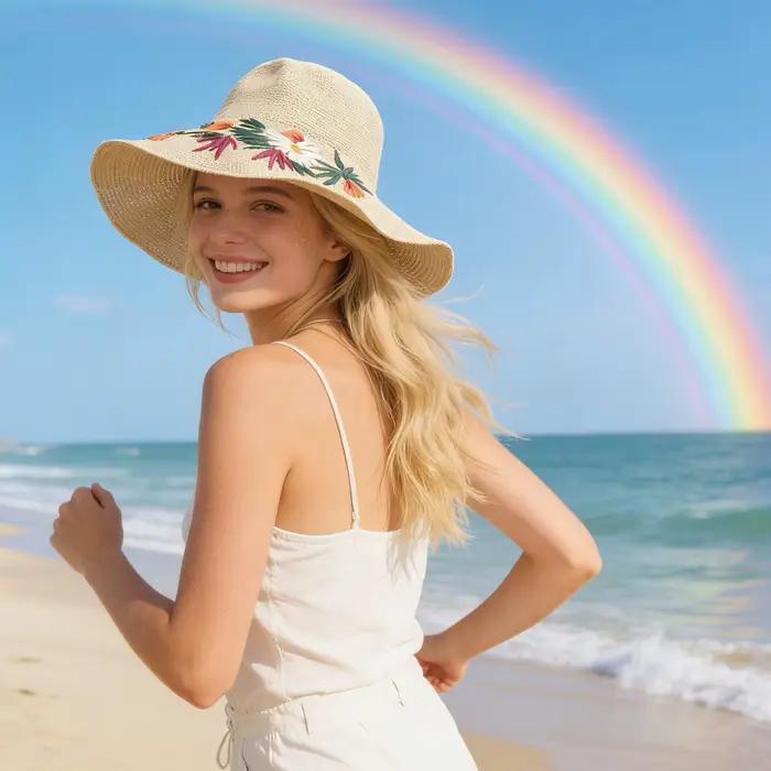 Chapeau de paille floral brodé à la main pour femme
