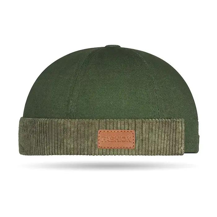 Bonnet marin unisexe tendance avec bordure en velours côtelé et patch en cuir