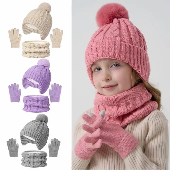 3 pièces enfants tricoté chapeau écharpe gants ensemble doublure polaire chaud