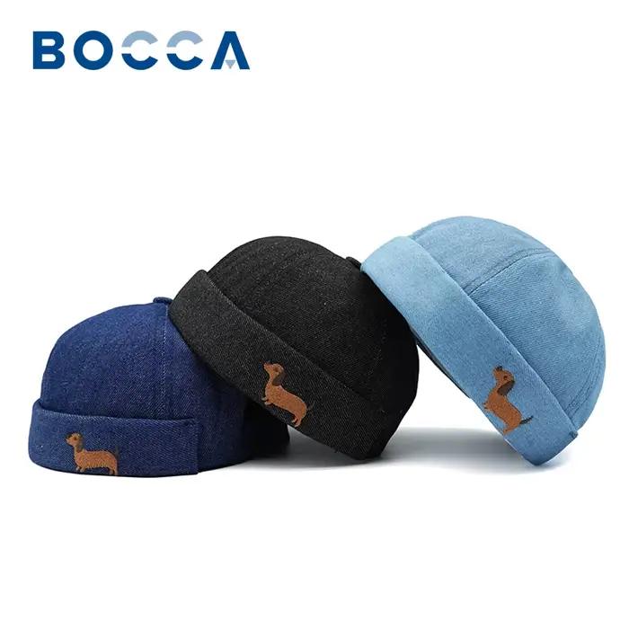 Bocca dessin animé chien broderie Docker casquette sans bords casquettes sans visière Denim réglable chapeau chapeaux hommes femmes mode rue en plein air