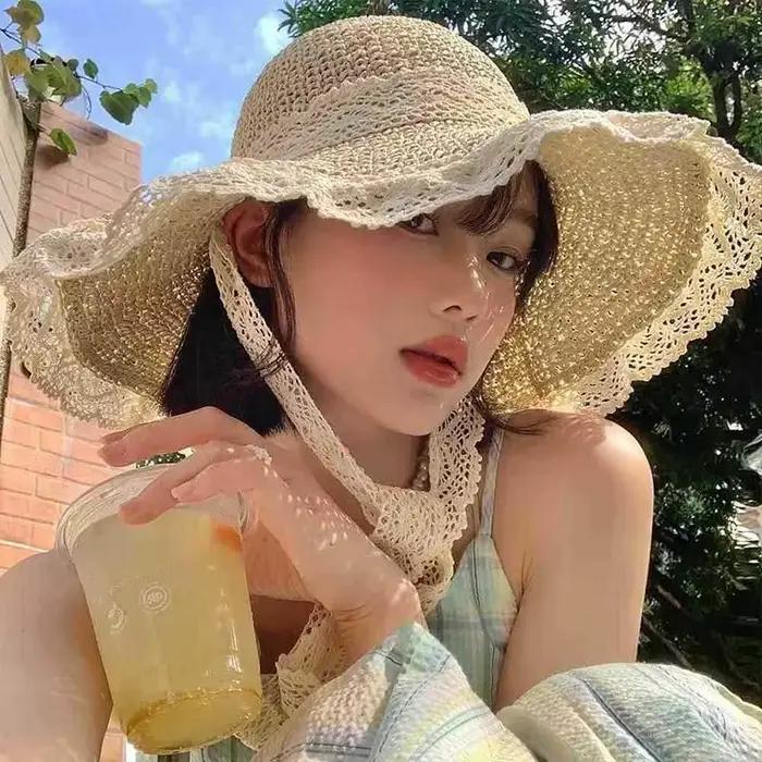 Chapeau de paille à large bord en dentelle pour femme