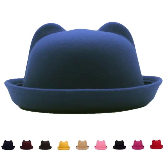 Chapeau melon Parent-enfant en feutre Fedora Derby chapeaux pour femmes dames filles enfants solide oreilles de chat