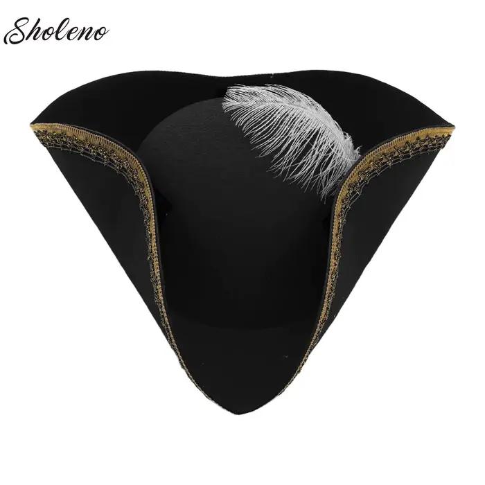 Chapeau de pirate en feutre à bord métallique orné de tricorne coloniale