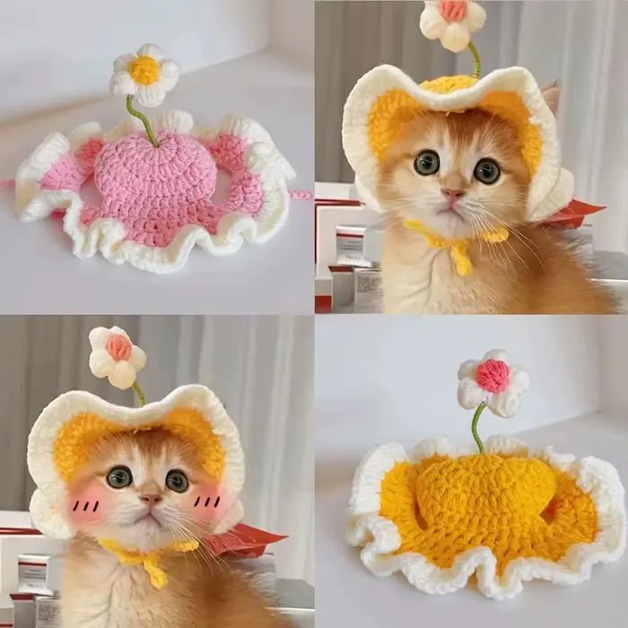 Chapeau pour chat, adorable chapeau en crochet à fleurs