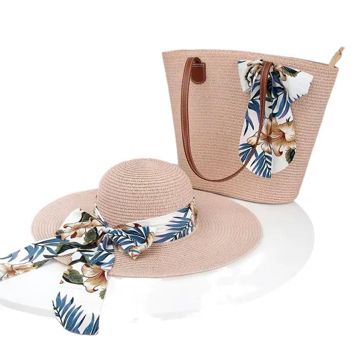 Ensemble chapeau de paille et sac quatre pièces protection solaire tendance pour femmes occasions estivales plage et ville