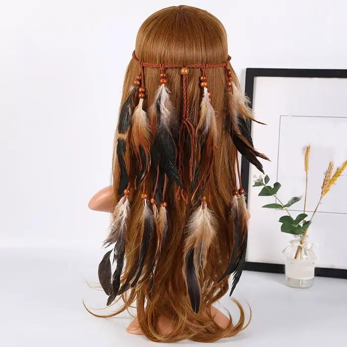 Bohème femmes bandeau Vintage Hippie plume coiffure casque pour dames filles indien ethnique bandeaux cheveux accessoires