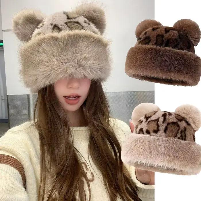 Bonnet rétro imprimé léopard en peluche oreilles de chat pour femmes