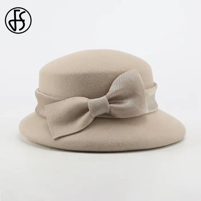 Fedoras en feutre de laine pour femmes avec nœud papillon