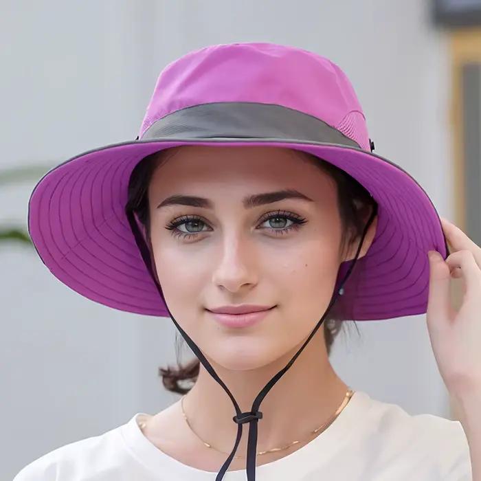 Chapeau de soleil bicolore pour femme avec trou pour queue de cheval – Maille respirante imperméable à large bord pour la plage et la pêche pour le printemps et l'été