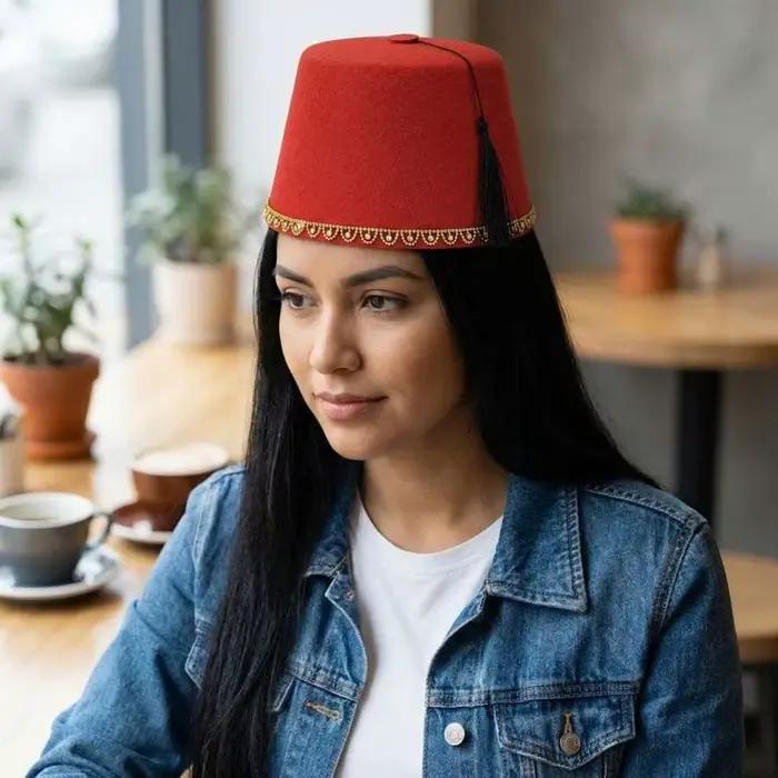 Chapeau Fez Rond Universel en Feutre Respirant Rouge Tarboosh