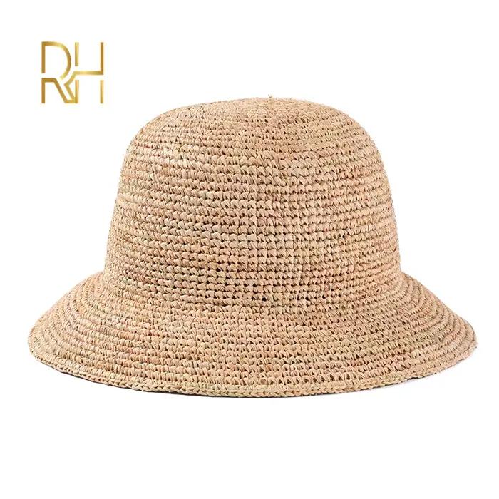 Chapeau seau en paille de raphia naturel au Crochet pour femmes