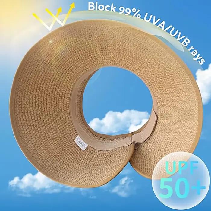 Chapeaux de soleil pour femmes à large bord enroulable plage queue de cheval chapeau pliable voyage visière de paille