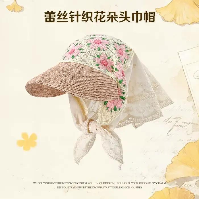 Style pastoral français fleur dentelle épissage foulard casquettes femmes été bord de mer voyage Protection solaire polyvalent doux chapeau de soleil