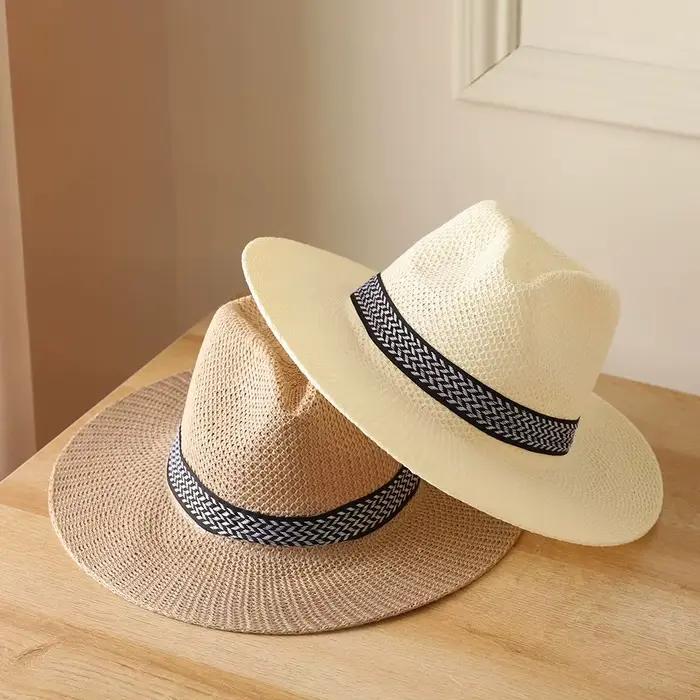 Chapeau de paille large bord protection solaire pour homme et femme style simple couleurs beige blanc gris kaki occassions estivales et printanières