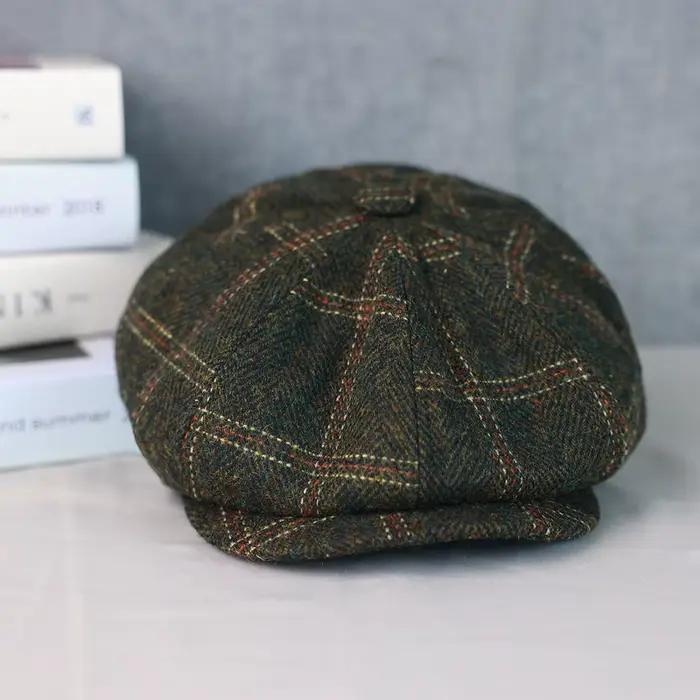 Casquette plate en laine à carreaux verts pour homme et femme occasionnels chapeau de gavroche style sport polyvalent four seasons adaptable à toutes les saisons